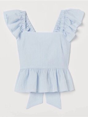 NWT H&M Light Blue Ruffle Sleeve Peplum Top With a Bow, Size S